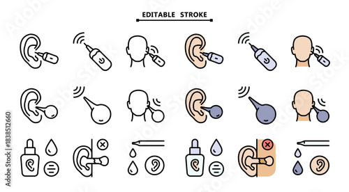 Personal hygiene routine and care. Editable stroke. Essential icons representing various ear treatments and care, including cleaning, medication, and medical interventions.