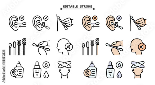 Personal hygiene routine and care. Editable stroke. Essential icons representing various ear treatments and care, including cleaning, medication, and medical interventions.