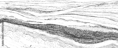 Detailed black and white illustration of folded geological strata and rock formations geology
