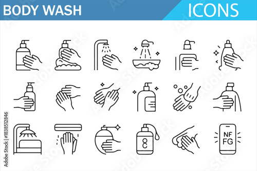 Body wash and hygiene line icon set with soap and hand cleaning symbols