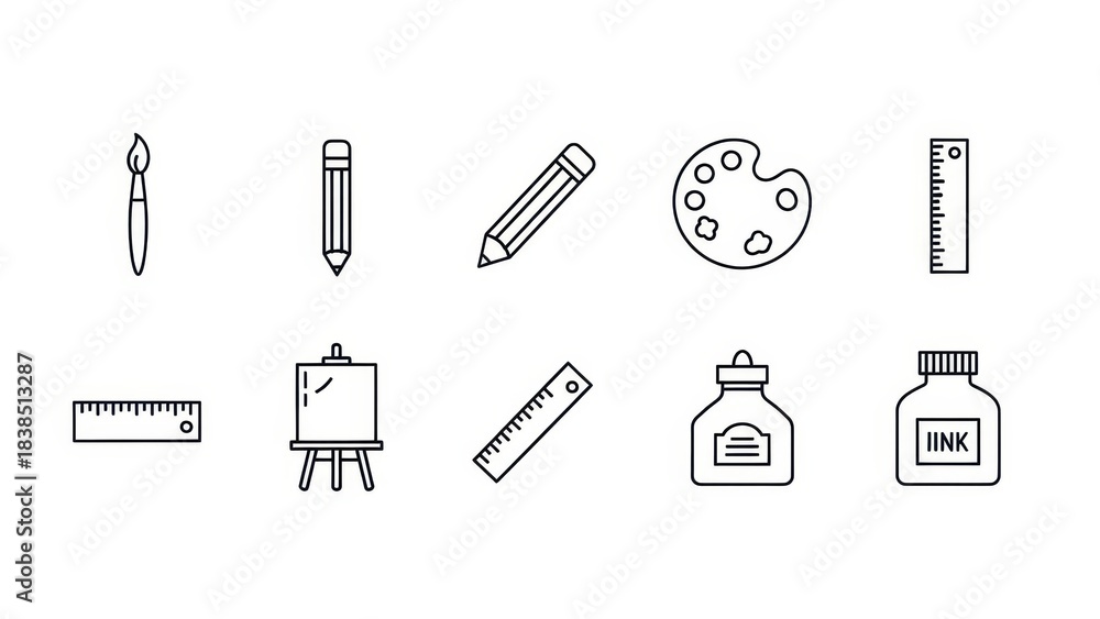 Fototapeta premium Linear art tools illustration: Paintbrush, pencils, palette, ruler, easel and ink bottles assortment