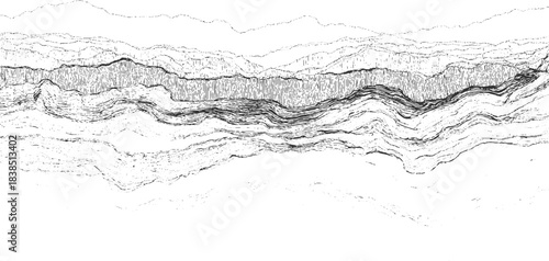 Black and white cross section illustration of layered geological strata with varied textures abstract 