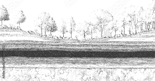 Black and white cross section illustration of layered geological strata with varied textures abstract 