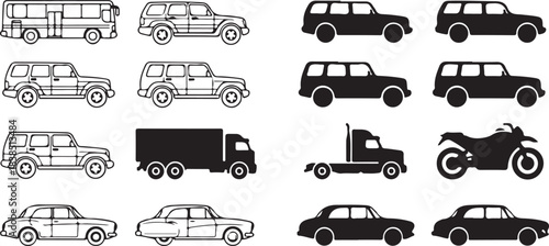 Vehicle Silhouette and Outline Vector Pack, CAD Line Art of Cars, Bikes, Scooters & Motorcycles front and side view