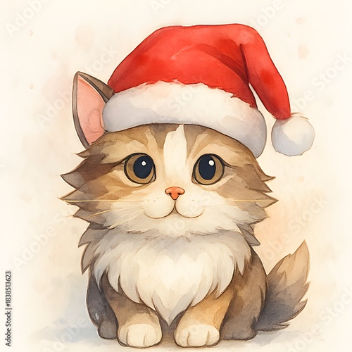 Kleine Katze mit Weihnachtsmütze Design - Weihnachts Illustration - Winter Katzen Wallpaper - Süßes Tier Bild - Katzen Hintergrundbild