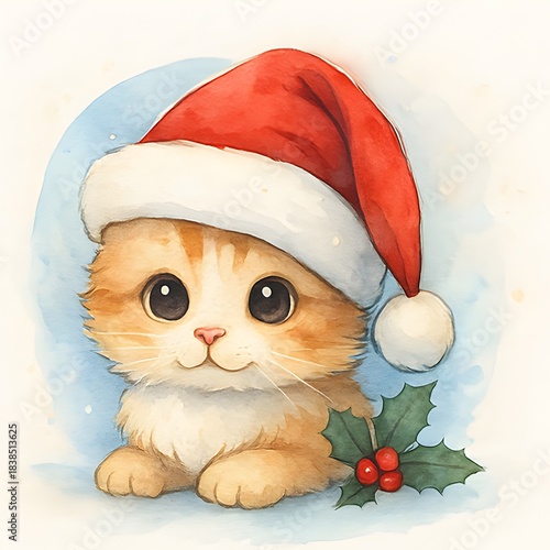 Katze mit Weihnachtsmütze Design - Weihnachts Illustration - Winter Wallpaper - Süßes Katzen Bild - Katzen Hintergrundbild