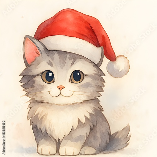 Katze mit Weihnachtsmütze Wallpaper - Weihnachts Illustration - Winter Design - Süßes Tier Bild - Katzen Hintergrundbild
