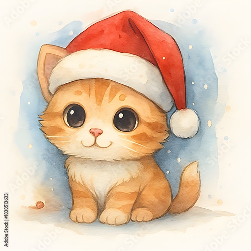 Süße Katze mit Weihnachtsmütze - Weihnachts Illustration - Winter Wallpaper - Süßes Tier Bild - Katzen Hintergrundbild