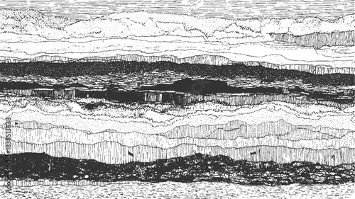 Black and white cross section illustration of layered geological strata with varied textures abstract 