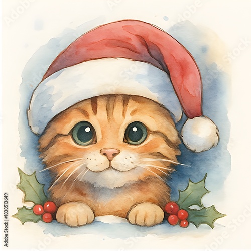 Süße Katze mit Weihnachtsmütze Design - Weihnachts Illustration - Winter Wallpaper - Süßes Tier Bild - Katzen Hintergrundbild