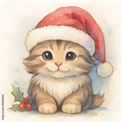Katze mit Weihnachtsmütze Design - Weihnachts Illustration - Winter Wallpaper - Süßes Tier Bild - Katzen Hintergrundbild