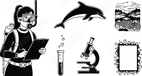 Line art close up scuba diver with clipboard looking forward dolphin jumping test tube with bubbles microscope with slide terrarium jar ornate frame scientific icons monochrome
