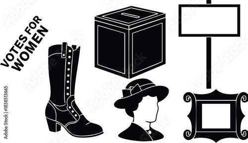 Vintage silhouette vector montage close up showing votes for women banner high button boot ballot box woman profile in hat signpost and ornate frame flat graphic