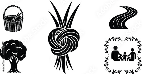 Flat design silhouette sheet showing picnic basket tree braided grass knot winding road framed dining couple in wreath simple black vector icons for eco community branding