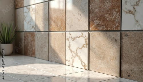 Wall tiles in assorted earth tones and marble patterns. Variety of ceramic porcelain stoneware options for home renovation. Interior design selection for kitchens and bathrooms.