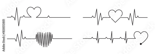 Heart rate pulse graph. Heartbeat icon. ECG, EKG test report. Electrocardiogram line symbol. Heart rhythm sign. Transparent png and vector illustration. 