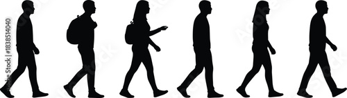 Black Silhouette Collection of Six Diverse People Walking in Profile, Including Man with Backpack, Representing Travel, Students, Commuters, and Movement Vector Set