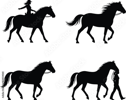 Black Silhouette Collection of Horse and Female Rider, Featuring Running Galloping Horses, Equestrian Sports, Horseback Riding, and Cowboy/Western Lifestyle Vector Set