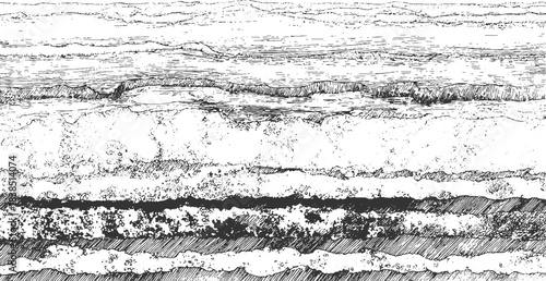 Black and white abstract pattern of layered geological strata and rock textures background 