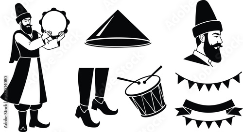 Silhouette icon set close up three traditional musicians playing drum and tambourine with boots and banners profile view flat vector design black and white vintage ornamental