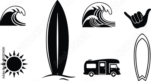 Flat design surf icon set featuring vertical surfboard centered with two wave symbols camper van sun and shaka hand silhouettes minimal monochrome style simple bold outlines