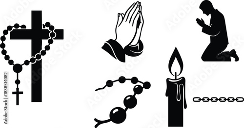 Flat design silhouette close up religious icons rosary cross praying hands kneeling figure candle and beads set isolated black vector illustration for faith and worship symbol