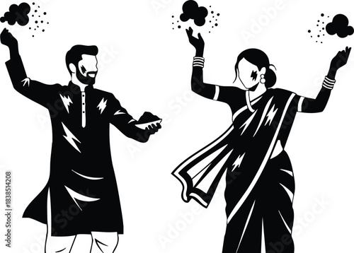 Silhouette vector side view indian couple throwing flower petals with raised arms wearing kurta and sari celebrating festival wedding joyful high contrast bold motion dynamic energy