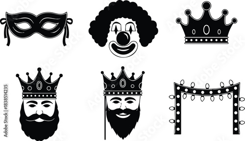 Flat design bold black carnival and theater icon set showing masquerade mask clown face two crowned bearded portraits royal crowns and marquee light frame in silhouette