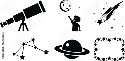 Flat design astronomy icon set with telescope child pointing at moon comet shooting stars constellation planet ring and decorative star frame isolated silhouette black simple minimal