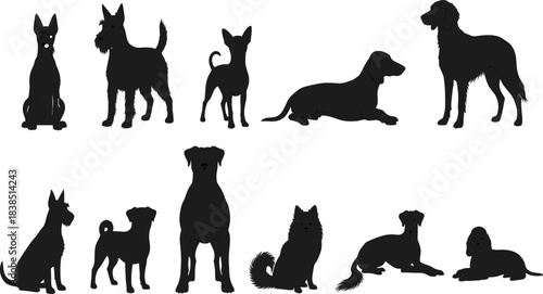 Diverse Dog Breeds Silhouette Collection: Vector Set of Canine Animal Pets Sitting, Standing, and Lying Down for Graphic Design and Mascot Logo.