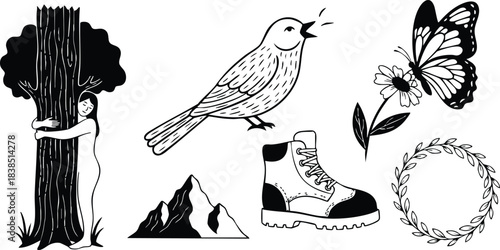 Line art detailed set of nature icons showing person hugging tree bird singing butterfly perched on flower mountain range hiking boot laurel wreath isolated bold silhouette