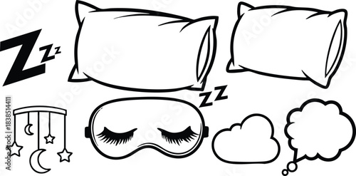 Line art close up sleep icons set with two pillows sleeping mask zzz letters hanging mobile stars cloud thought bubble isolated minimal black stroke vector illustration