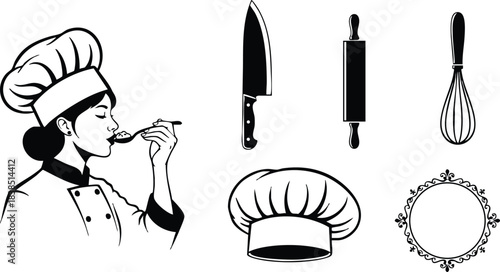 Line art side profile chef tasting with spoon and toque with knife rolling pin whisk and ornate circular frame kitchen tools vintage black and white illustration