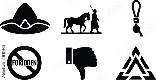 Flat design close up grid of six black silhouette icons including sombrero person leading horse forbidden sign thumb down keychain and geometric triangle on white background