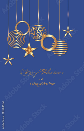 Christmas luxury holiday banner with gold handwritten Merry Christmas and Happy New Year greetings and gold colored Christmas balls. Vector illustration isolated on blue vintage background