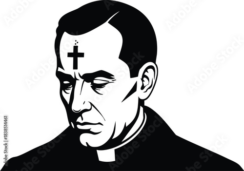 Line art close up portrait of solemn priest with ash cross on forehead looking down wearing black clerical collar high contrast black and white vector illustration