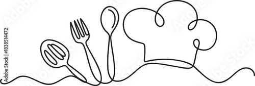Chef hat and cooking utensils drawn with continuous single line art