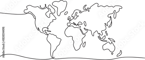 Continuous line drawing of world map continents outline in simple minimalist style