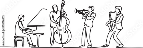One line drawing of jazz band playing musical instruments on transparent background