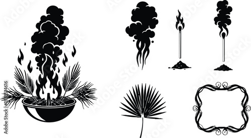 Tattoo flash close up burning incense bowl with flames and rising smoke plume palm fronds torch and decorative frame black silhouette set isolated vector elements collection