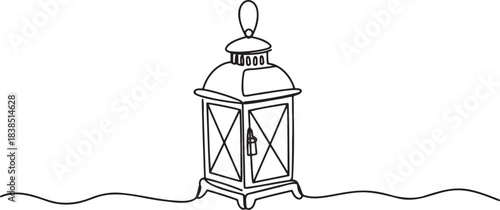 One line drawing of vintage lantern with glass panels and handle top