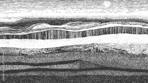 Black and white cross section of geological strata with wavy lines and granular textures geology layers 