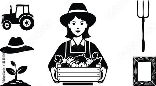 Flat design icon set close up female farmer holding crate of vegetables looking at camera with tractor hat pitchfork plant seedling and decorative frame monochrome isolated
