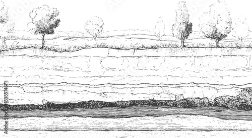 Black and white cross section of geological strata with wavy lines and granular textures geology layers 