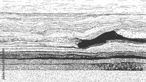 Black and white cross section of geological strata with wavy lines and granular textures geology layers 