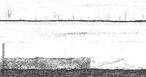 Black and white cross section of geological strata with wavy lines and granular textures geology layers 