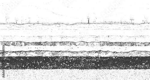 Black and white cross section illustration of layered geological strata with varied textures abstract 