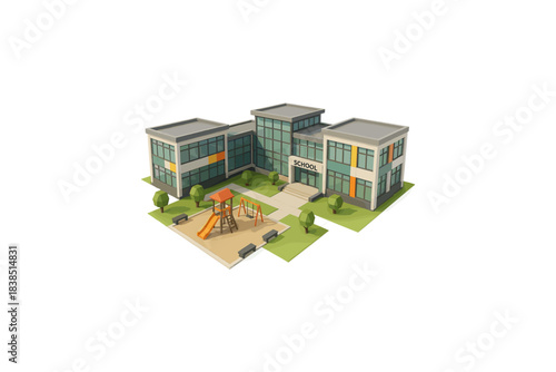 Modern elementary school building with playground and green surroundings