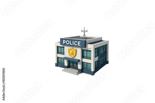 Modern police station building exterior with antenna and shield emblem