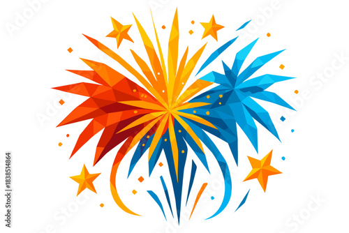 Vibrant geometric fireworks display with red and blue bursts and stars